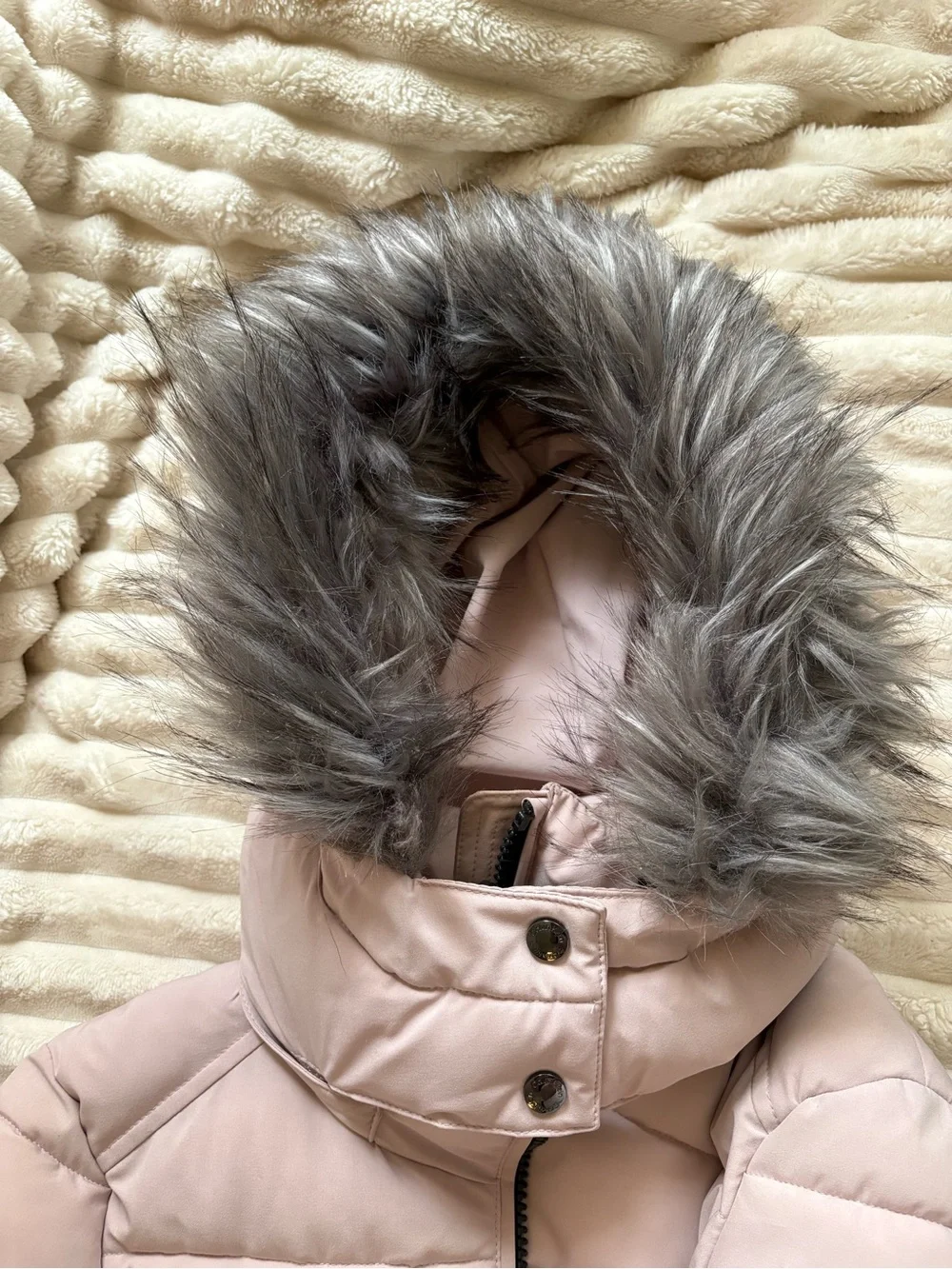 Calvin Klein Light Pink Quilted Hooded Puffer Coat with Faux Fur Trim